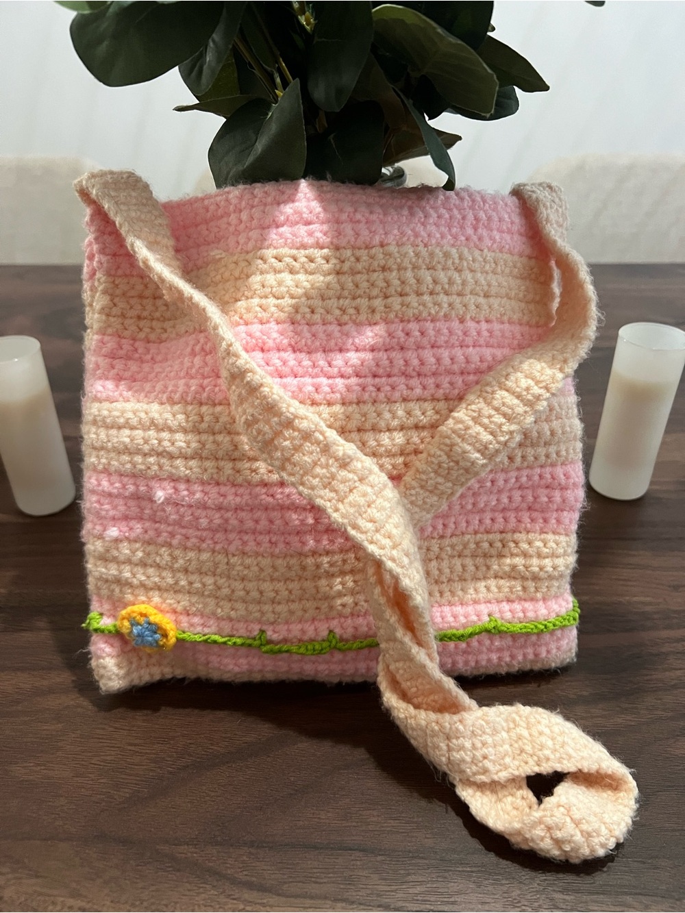 Handmade Crochet Pink & Cream Striped Bag